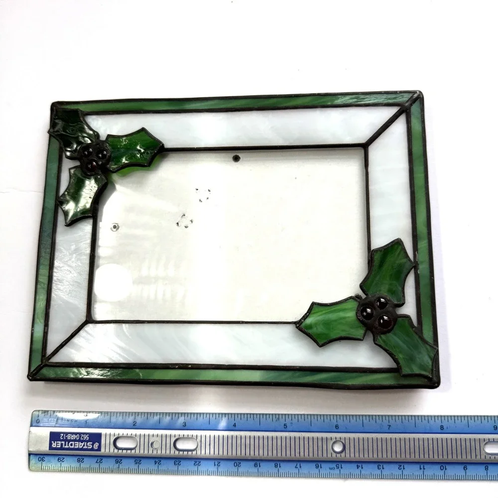 Stained Glass Holly Berry Christmas Picture Frame Green White 5x7 Holiday Winter